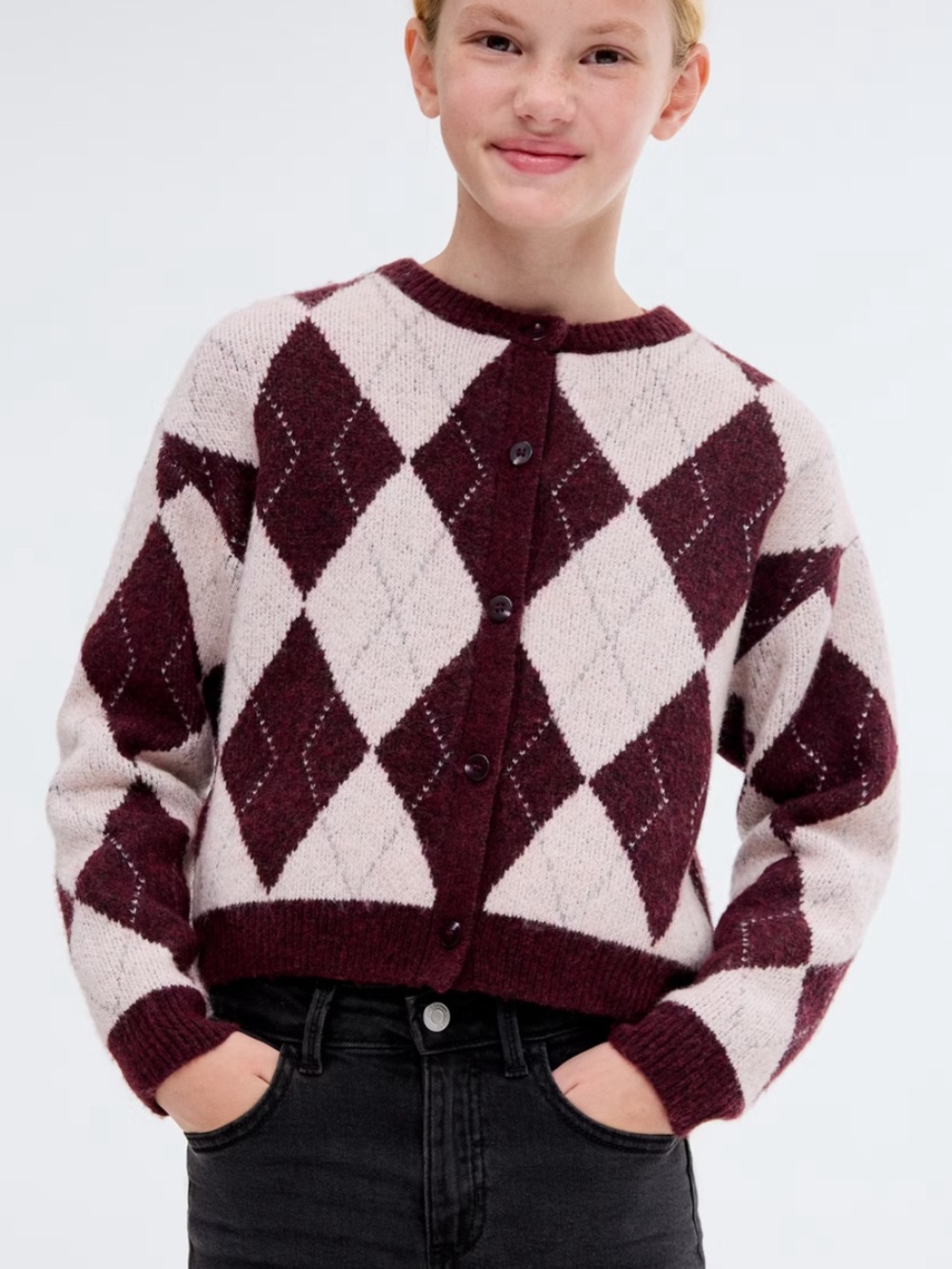 Mango Girls Argyle Crewneck Button-Front Sweater Cardigan 7-8